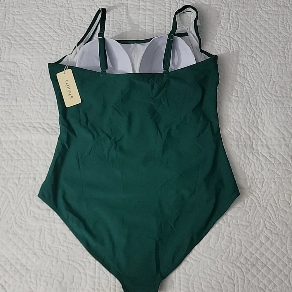 Emerald Green Rouche Tummy Control Retro Push-up One-Piece Swimsuit Plus XXL - Picture 6 of 13